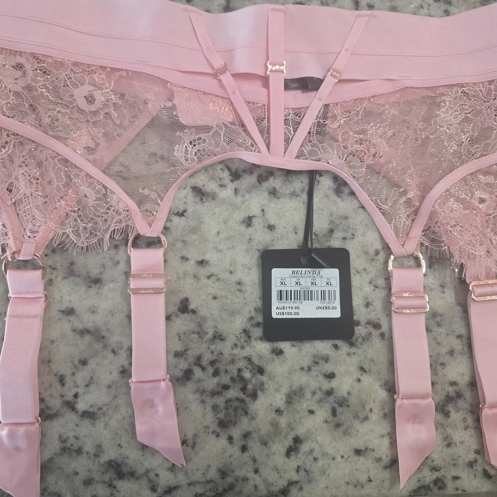 Honey Birdette BELINDA Pink Lace Garter Belt with Satin Straps